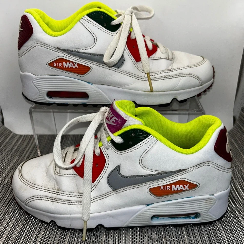 Nike Air Max 90 LTR GS White Volt Crimson Sneakers 833376-102 Size 5Y Mens 5